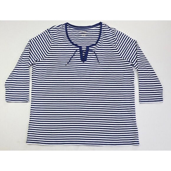 L.L. Bean Size XL Womens White Blue Stripe 3/4 Sleeve Draw String V Neck Top - Picture 1 of 9